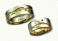 14kt Two Tone Hand Engraved Mountain Range Bands with small diamond and sapphire 